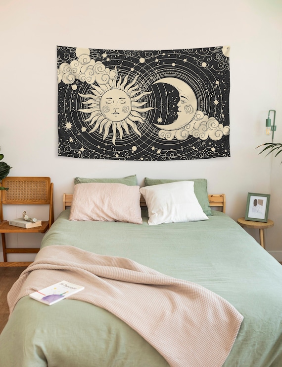 Tapisserie Murale Motif Soleil Et Lune - Tissu Polyester 91,4x122 Cm, Déco Bohème Chambre, Salon, Dortoir - 4