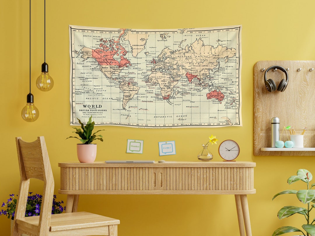 Vintage World Map Wall Art Hanging Cottagecore Decor Recycled Fabric Etsy