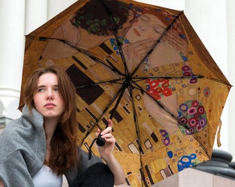 Art Umbrella Gustav Klimt The Kiss | Painting printed inside canopy | Automatic folding umbrella, gift for art lover