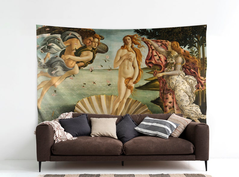May include: A tapestry depicting a Renaissance-era painting of a nude woman standing on a seashell, with two figures in the background. The woman has long flowing hair and is holding a flower. The tapestry is a vibrant mix of colours, including shades of pink, blue, green, and gold.