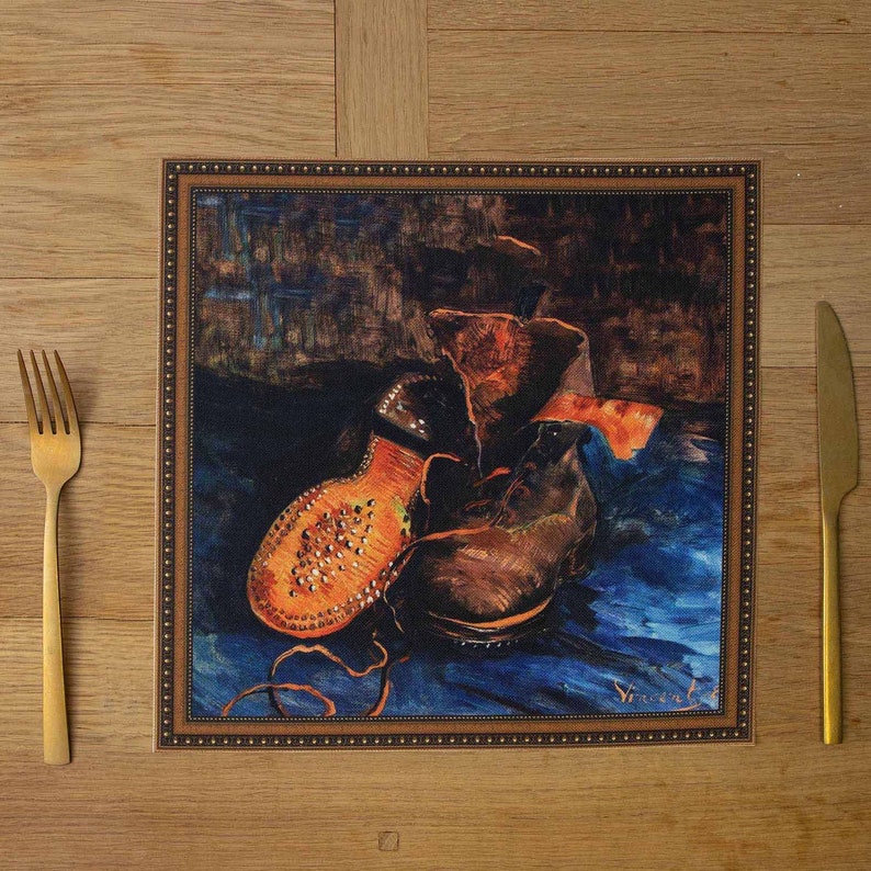 May include: A brown and orange leather shoe with a studded design, and a brown leather boot, both on a blue background. The image is framed with a brown border and has the artist's signature "Vincent" in the bottom right corner.