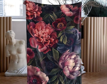 Night peonies Blanket | Ultra-thick soft fleece | Gift for her | Deep purple | Home decor art gifts and ideas