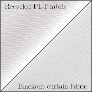 May include: Close-up of two fabric swatches. The top swatch is labeled "Recycled PET fabric" and has a smooth, woven texture. The bottom swatch is labeled "Blackout curtain fabric" and has a slightly rougher, woven texture.