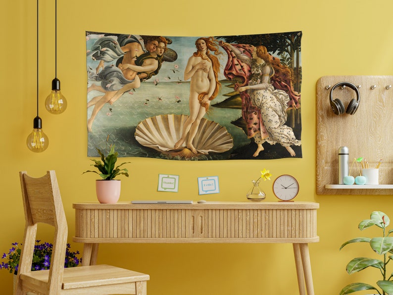 May include: A tapestry depicting a Renaissance-era painting of the birth of Venus. The painting shows a nude woman standing on a giant scallop shell, with two figures flanking her. The woman is surrounded by water and flowers.