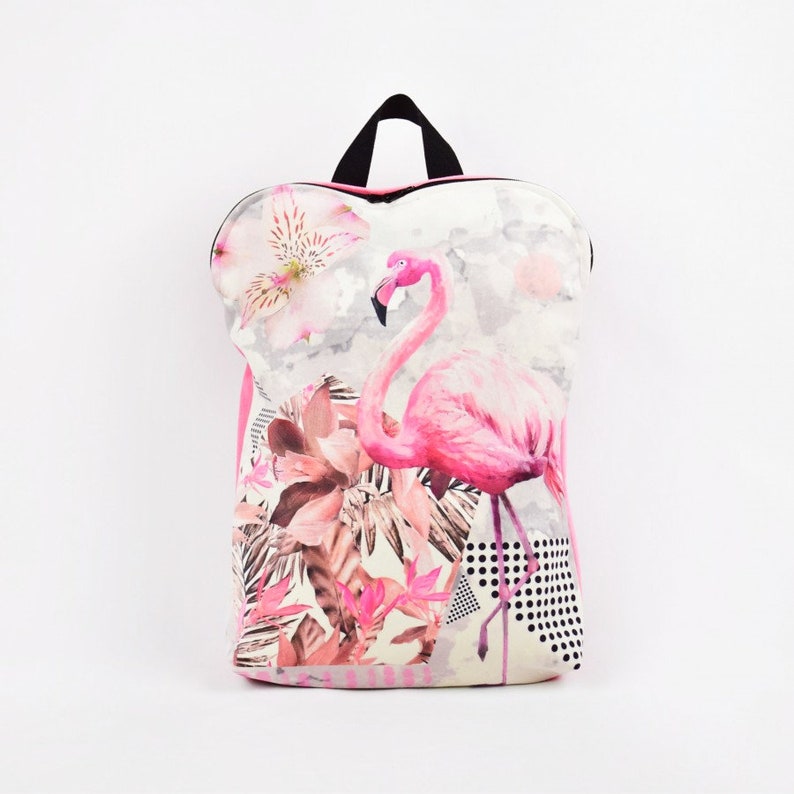 Printed backpack Pink flamingo printed Canvas Backpack Bird flamingo Personalized backpack Colorful bag Pink bagpack Holiday backpack