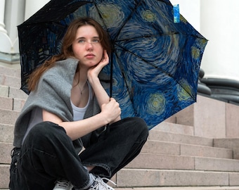 Art Umbrella Van Gogh The Starry Night | Painting printed inside canopy | Automatic folding umbrella, gift for art lover
