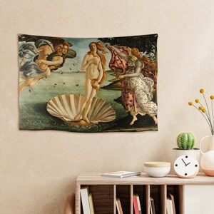May include: A tapestry depicting the Birth of Venus, a famous Renaissance painting by Sandro Botticelli. The tapestry features a nude woman standing on a giant scallop shell, with two figures in the background.