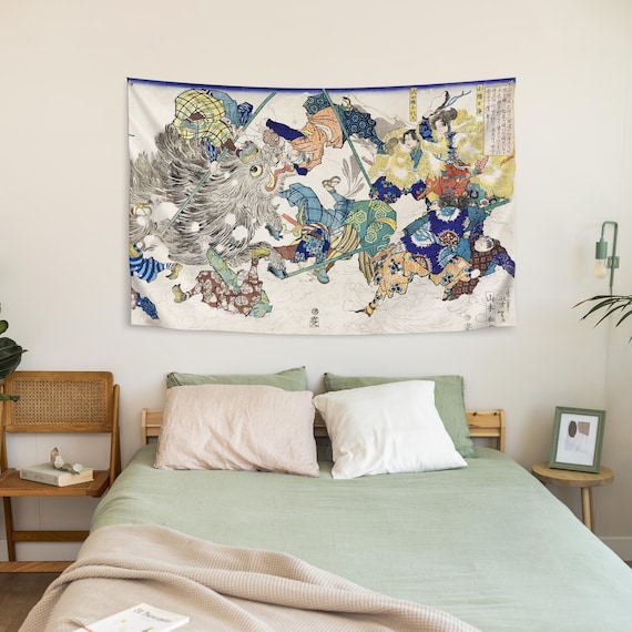Japanese Woodblock Tapestry | 19th Century Asian Art Wall Decor