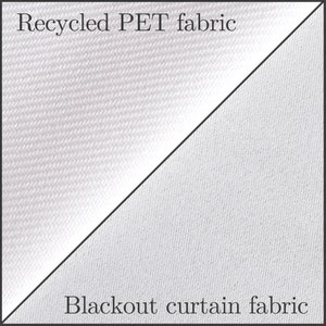 May include: Close-up of two fabric swatches. The top swatch is labelled "Recycled PET fabric" and has a smooth, woven texture. The bottom swatch is labelled "Blackout curtain fabric" and has a slightly rougher, woven texture.