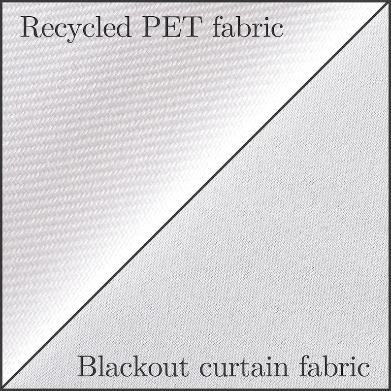 May include: Close-up of two fabric swatches. The top swatch is labelled "Recycled PET fabric" and has a smooth, woven texture. The bottom swatch is labelled "Blackout curtain fabric" and has a slightly rougher, woven texture.