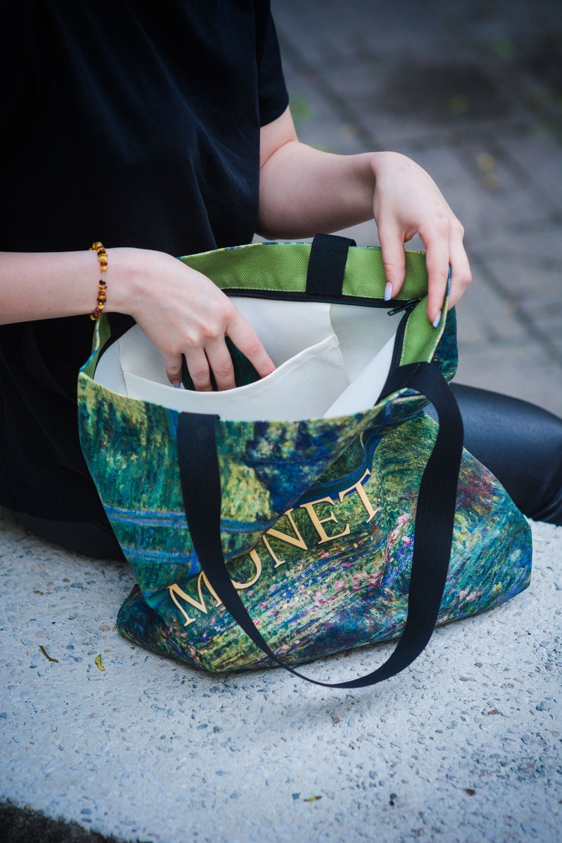 Water Lilies and Japanese Bridge Handmade handbags market bag shopping bag reusable bag,handmade bags tote canvas bag grocery bags