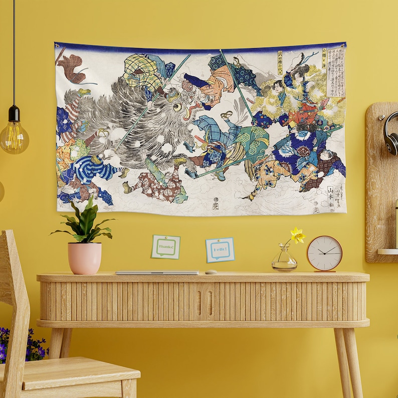 May include: A vintage Japanese woodblock print tapestry depicting a scene of samurai warriors battling a large, ferocious beast. The tapestry is in shades of blue, red, green, and white, with intricate details and a dynamic composition.