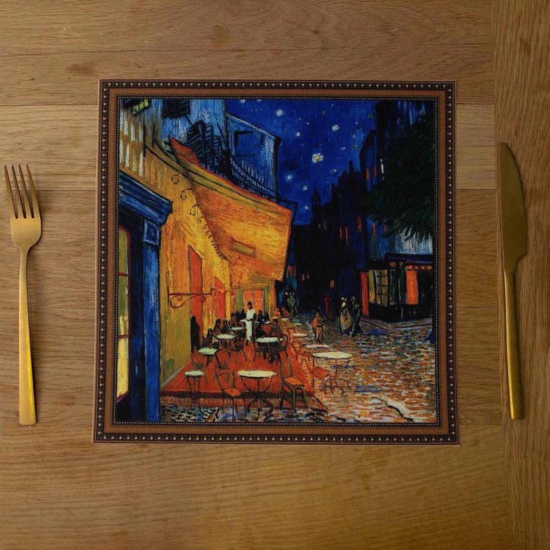 May include: A square, framed print of a painting depicting a cafe at night. The painting is in a style reminiscent of Vincent van Gogh, with swirling brushstrokes and a starry sky. The cafe is lit with warm yellow light, and there are people sitting at tables outside.