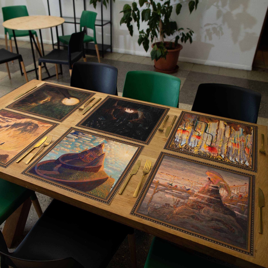 Fabric Symbolism Artwork Placemat Set of 6 Cottagecore Decor M. K