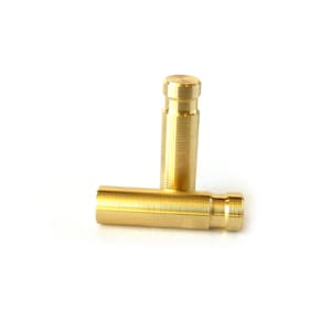 May include: Two gold-colored metal connectors, one is longer than the other, and both have a threaded end.