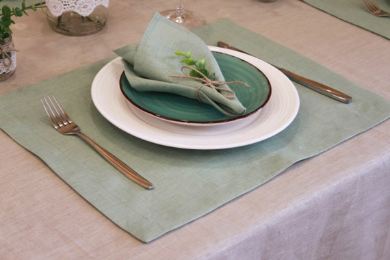 12, 14 Placemats Set of 4,6,8,10,12 Modern Placemat, Green Linen