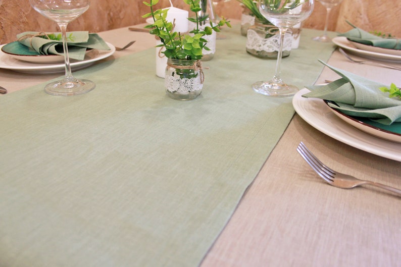 Custom Dusty Blue Table Runner, Farmhouse Linen Table Runner, Sage