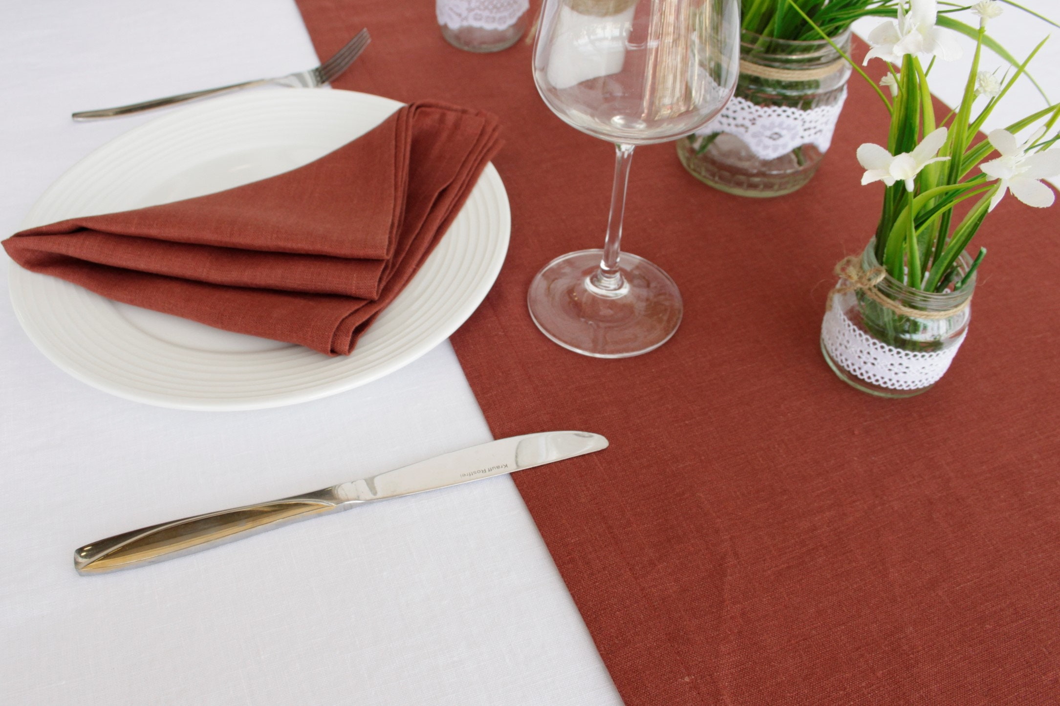 Terracotta Table Runner, Custom Fall Linen Table Runner, Deep Teal 84