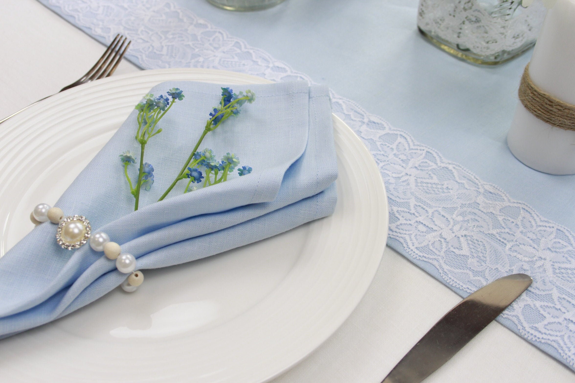 Wedding table runner Dusty blue wedding Linen lace table Etsy