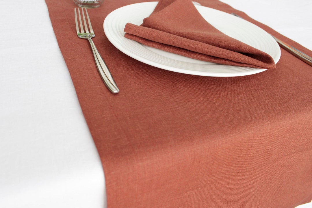 Terracotta Table Runner, Custom Fall Linen Table Runner, Deep Teal 84