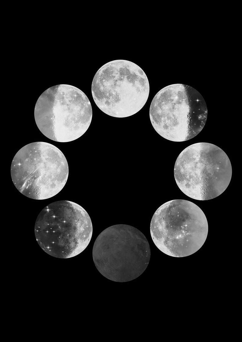 Moon Phases Print Black and White Print Moon Phase Wall Art Etsy