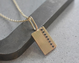 14K Solid Gold Dainty Geometric Necklace  Black Diamonds