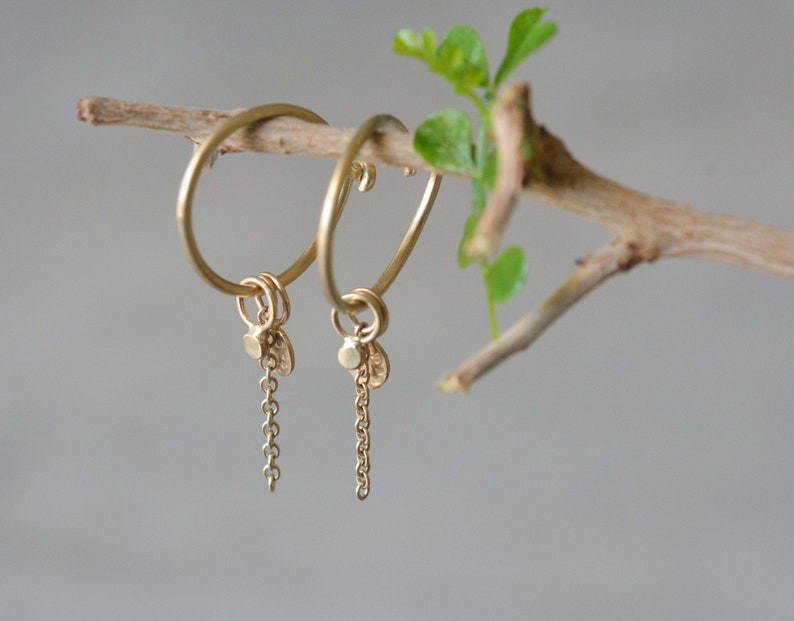 14k Gold Hoop Earrings, Solid Gold Hoops, 14k Gold Hoops, 14k hoops earrings, boho hoops earrings, black diamonda, dangle hoop earrings, 14k image 8