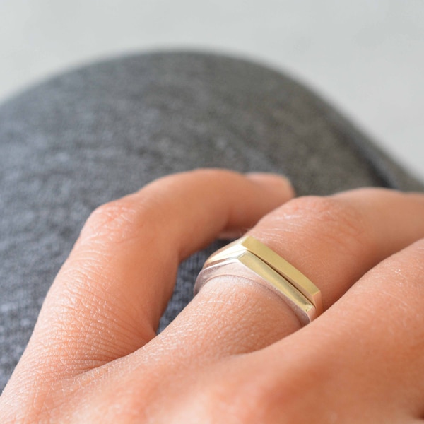 Anillo de bodas geométrico de oro blanco de 14 k, hecho a mano