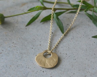 14k Yellow Gold Necklace, Handmade Hammered Pendant, Minimalist Chain