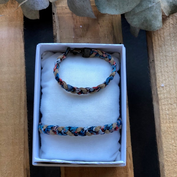 COFFRET- MAMAN-BEBE- Bracelet Liberty tressé en liberty Thorpe Hill orange bleue