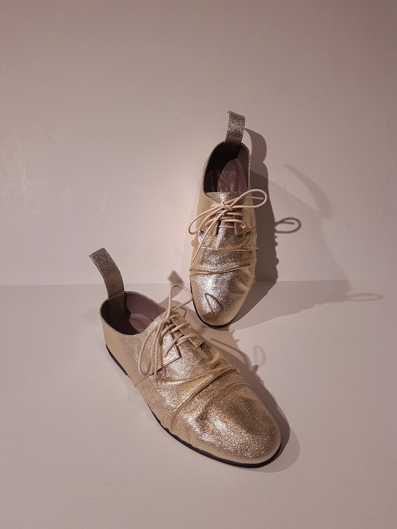 the Hangman Derby by Sample Line Women gold leather derby shoe flat gold suede oxfords