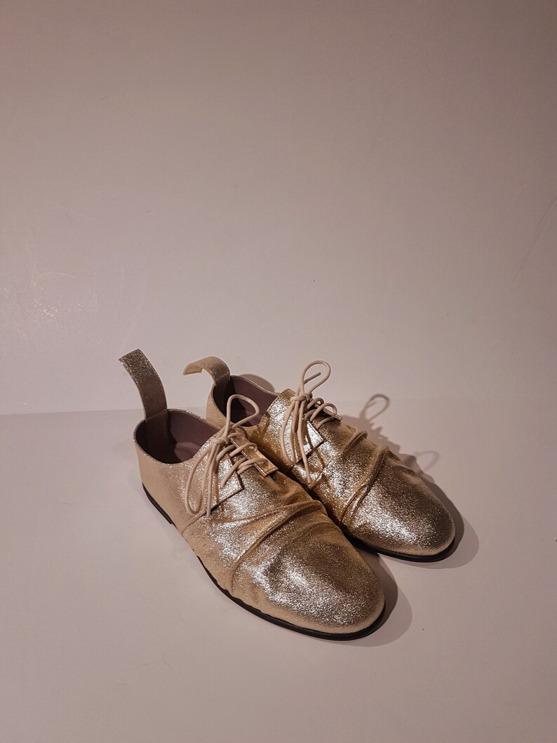 the Hangman Derby by Sample Line Women gold leather derby shoe flat gold suede oxfords