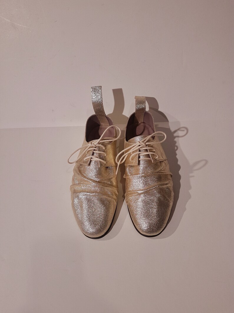 the Hangman Derby by Sample Line Women gold leather derby shoe flat gold suede oxfords
