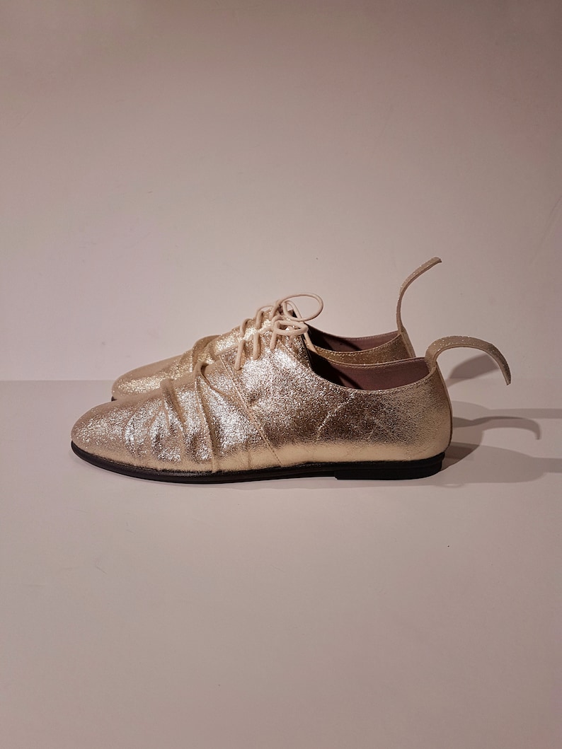 the Hangman Derby by Sample Line Women gold leather derby shoe flat gold suede oxfords