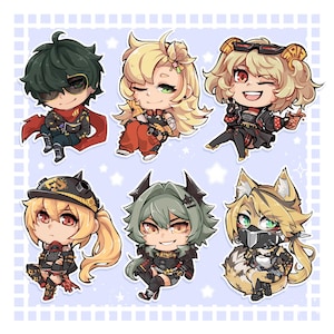 May include: A collection of six chibi-style character stickers. Each sticker features a unique character design with detailed outfits, hairstyles, and accessories. The characters have a variety of expressions and poses, with a light blue background.