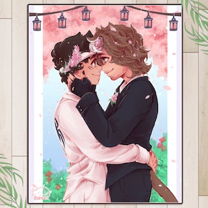 May include: Two people in formal attire stand close together, looking into each other's eyes. They are surrounded by pink cherry blossoms and white petals. The scene is romantic and celebratory.