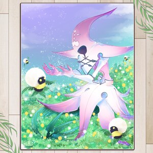May include: A pink and white creature with a large hat and long flowing hair stands in a field of green grass and white flowers. The creature has a black face and is holding out its hand towards a small white and black creature.