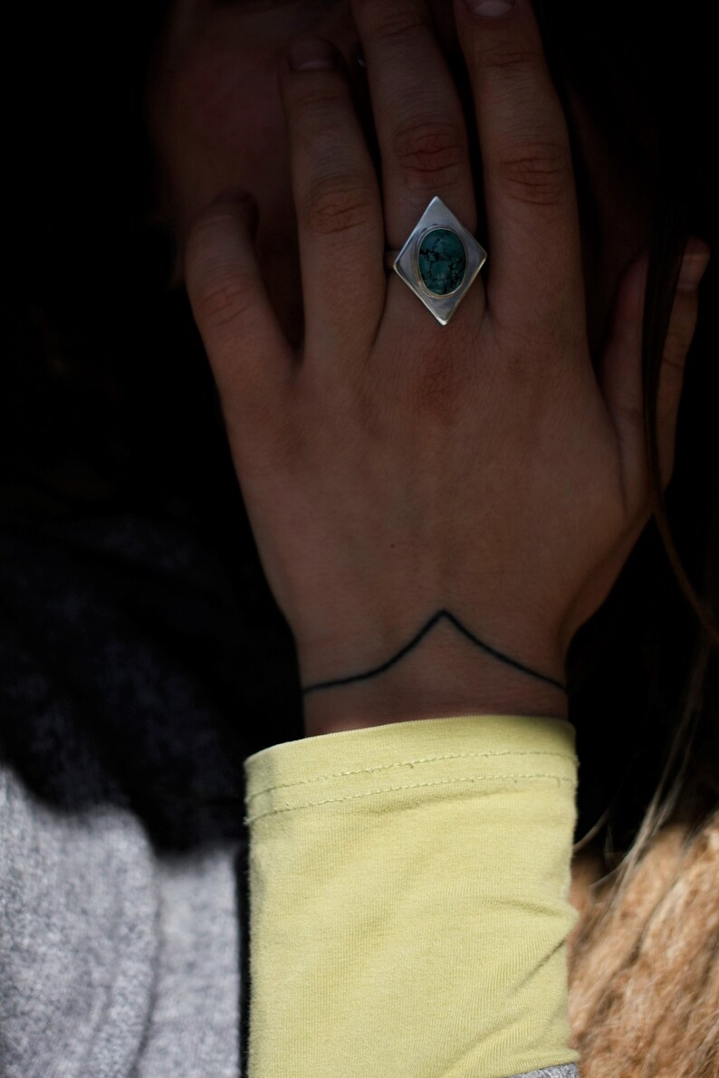 US 7.5 Ring Minimalistic Jewelry Statement Ring Handmade Ring Geometric Ring Silver Turquoise Ring Diamond Shape Ring Unique Design