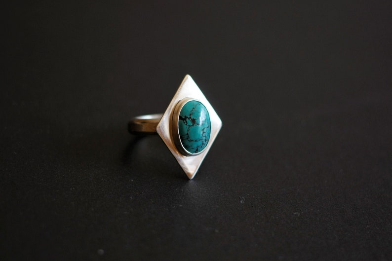 US 7.5 Ring Minimalistic Jewelry Statement Ring Handmade Ring Geometric Ring Silver Turquoise Ring Diamond Shape Ring Unique Design
