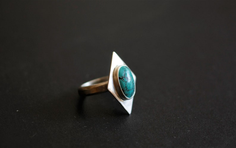 US 7.5 Ring Minimalistic Jewelry Statement Ring Handmade Ring Geometric Ring Silver Turquoise Ring Diamond Shape Ring Unique Design
