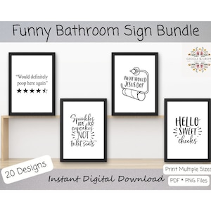 Funny Bathroom Wall Art for Toilet Humor Prints, Funny Bathroom Sign Bundle Black & White Printable image 1
