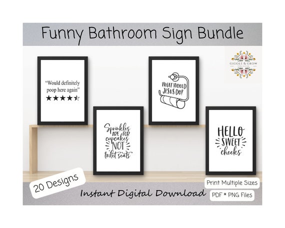 Funny Bathroom Wall Art for Toilet Humor Prints, Funny Bathroom Sign Bundle Black & White Printable