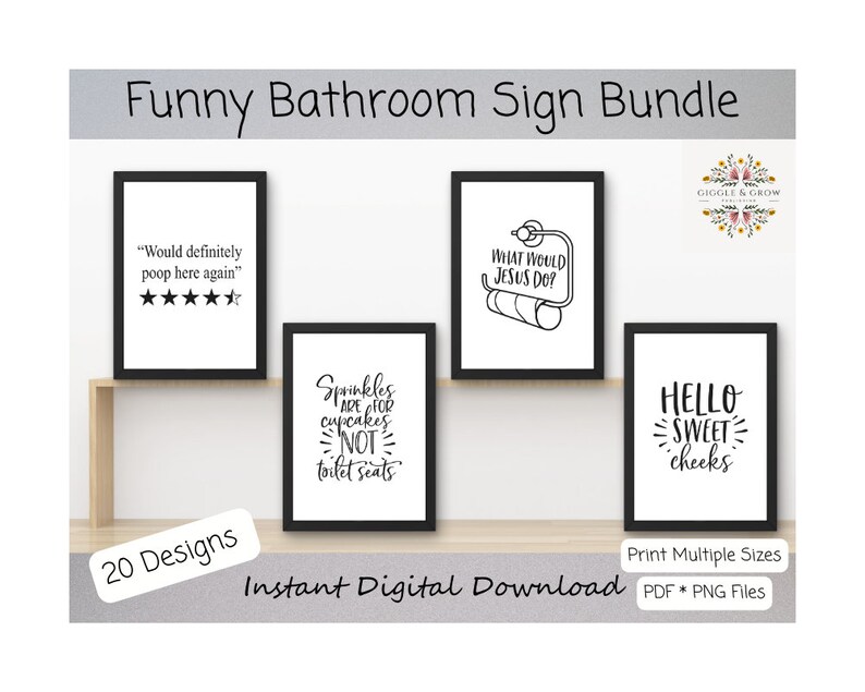 Funny Bathroom Wall Art for Toilet Humor Prints, Funny Bathroom Sign Bundle Black & White Printable image 1