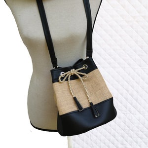 Bag seal bi-material faux leather black and natural jute canvas afbeelding 1