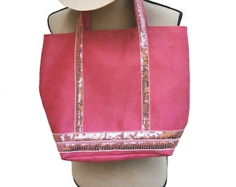 Tote bag suede pink fushia sequin, tropical canvas lining with zipped pocket.