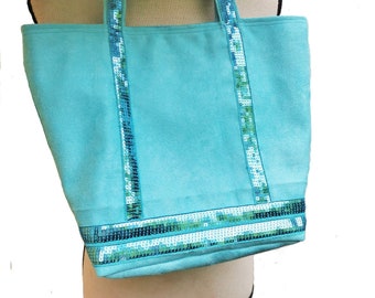 Sac cabas toile suédine bleu turquoise paillette, doublure toile tropicale avec poche zippée.