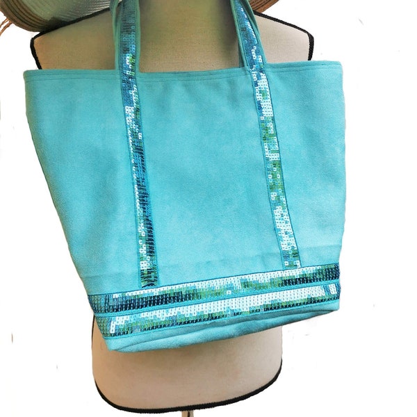 Sac cabas toile suédine bleu turquoise paillette, doublure toile tropicale avec poche zippée.