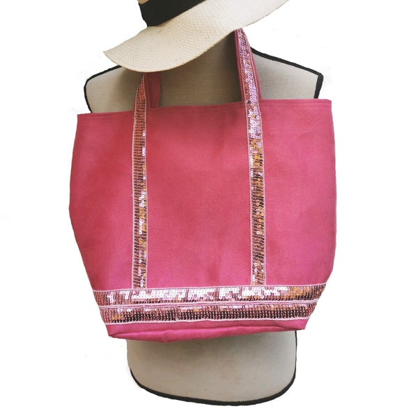 Sac cabas toile suédine rose fushia paillette, doublure toile tropicale avec poche zippée.