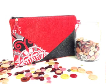 Pochette trousse de sac suédine rouge velours - étoile noire brillante