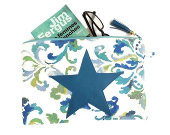 Pochette / Trousse double face. Simili cuir / toile bleu mers du sud. Etoile et sequin. FREE SHIPPING